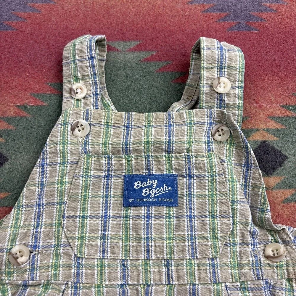 Vintage Oshkosh B'Gosh Overalls Baby 3-6 Months Beige Green Plaid Vestbak